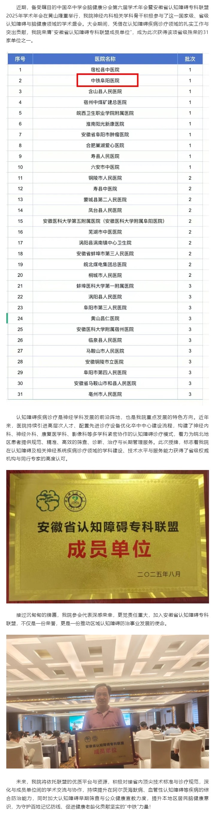 融入省级平台，提升专科实力——中铁阜阳医院荣列安徽省认知障碍专科联盟成员.jpg